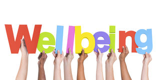 Diverse hands holding up letters that spell out Wellbeing